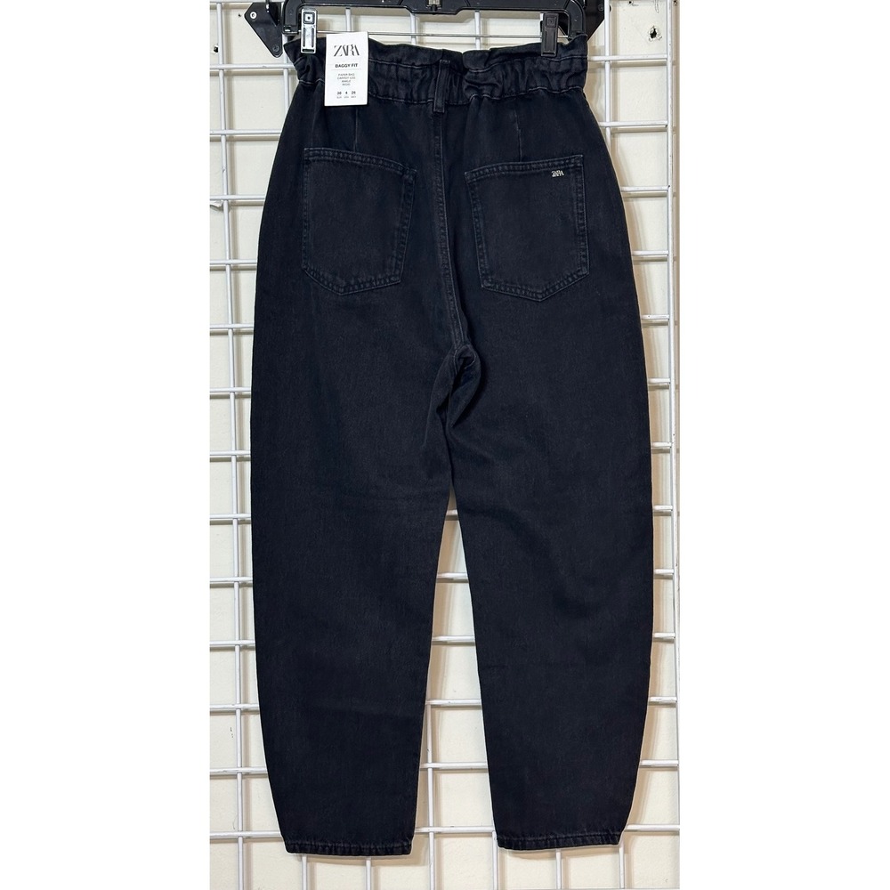 Zara Baggy Fit Paperbag Waist Carrot Leg Jeans Black Rigid Denim Womens 4 NEW - Picture 3 of 10